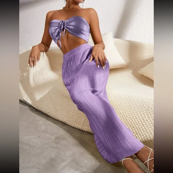 *Natie Shirred Back Drawstring Ruched Front Crop Tube Top & Plisse Skirt Set - Picture 2 of 4